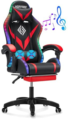 HOFFREE RGB Gaming Chair with Speakers and Massage Ergonomic Computer Chair with Lights and Footrest Reclining Video Game Chairs for Adults Red and Black