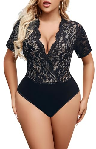 Avidlove Dam spets body sexig kortärmad bodysuit blus v-ringad nättoppar eleganta toppar med snap crotch, A-svart, M