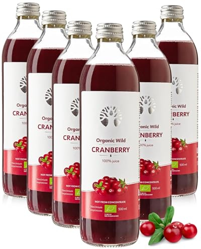 Zumo de arándano orgánico 100% puro, sin azúcar añadido, prensado en frío, arándanos nórdicos silvestres, intenso y sin azúcar, 6 botellas de vidrio de 500 ml