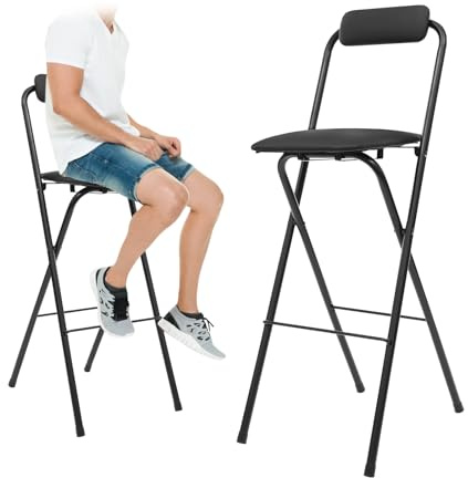 LUNUMAOS 29 Tall Folding Bar Stool with Cushioned Pad and Backrest, Portable Bar Stool, Tall Folding Chairs, 275lbs Load Capacity, for Kitchen, Living Room, Garden, Camping, Black
