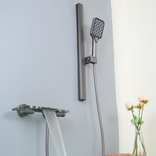 SHANFO Badewannenarmatur mit Handbrause, Wannenarmatur mit Duschstange, Wasserfall Armatur Badewanne Set, Grau, 14Y7OK-B