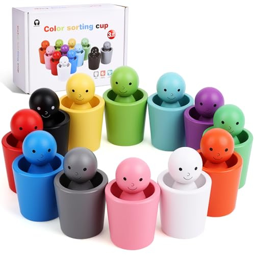 Azazaza Wooden Color-Sorting Cups & Peg Dolls for Matching and Recognition, Preschool Learning Montessori Toys for Toddlers