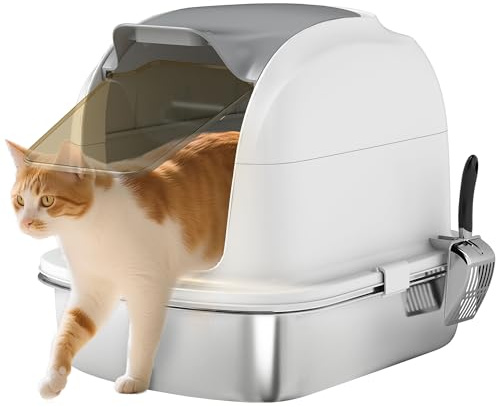 PawHut Arenero para Gatos de Acero Inoxidable XL, Caja de Arena para Gatos, Arenero con Tapa Abatible, Laterales Altos, Entrada Superior, Pala, sin Olores, Fácil de Limpiar, Antifugas, Blanco