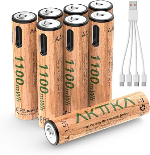 AKTTKA Paquete de 8 Pilas AAA de Litio Recargables, 1100 mWh, 1,5 V de Voltaje Constante, con Cable de Carga USB C de 1 a 4 (5V/2A) para mandos a Distancia, termómetro, básculas