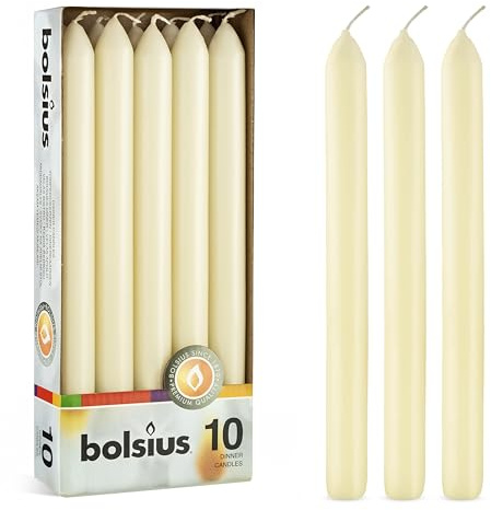 BOLSIUS Ivory Dinner Candles - 10 Pack Unscented 9 Inch Straight Taper Candle Set - 8 Hour Burn Time - Premium European Quality - Smokeless And Dripless Household, Spa, Wedding, And Party Candlestick