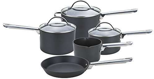 Anolon Professional Non Stick Pots and Pans Set of 5 - Cookware Set with Milkpan, Saucepans with Toughened Glass Lids & Frying Pan, Oven & Dishwasher Safe Cookware, Black