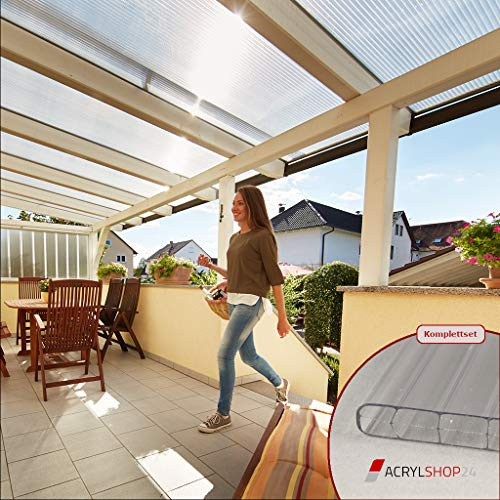 Acrylshop24 Terrassendach Terrassenüberdachung Carport Komplettset Polycarbonat 16mm 3-Fach Stegplatten farblos klar 16mm Stegplatten Tiefe:3000mm|Breite:3090mm - Mehrere Maße verfügbar