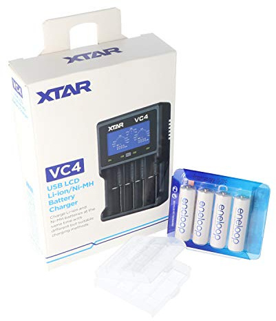 XTAR VC4 Schnell-Ladegerät inkl. 4 Panasonic eneloop Standard BK-3MCC1 AA Mignon Akkus + AkkuSafe