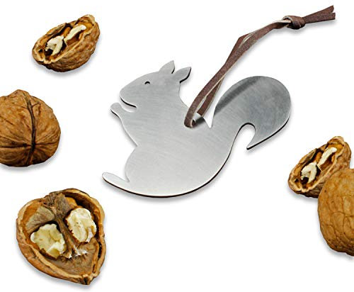 Schiaccianoci in acciaio inox a forma di scoiattolo con cinturino in pelle – 6,5 x 6,5 cm – cellophane ideale come ciondolo o piccolo regalo