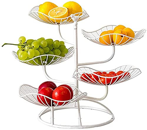 ZJYWMM Fruit Etagere 5 Story, Hollow Fruit Shells Exquisite Lotus Leaf Form Fruit Cinks Modern Simple Metal Fruit Stand Deco Fruit Basket for Worktop Storage Vegetables, Snacks, Bread,Whi