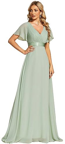 Ever-Pretty Robe De Soirée Style Long Manches Volantées Col en V Jupe Trapèze Robe Femme Chic Et Elegant Verte Menthe 44