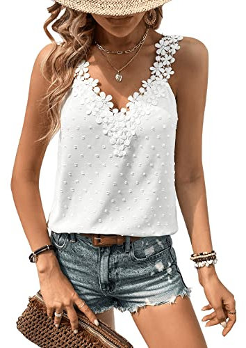 GORGLITTER Top Mit Spitze Damen Sommer Oberteile Locker Spitzentop Elegant Tank Top Mit Spitze Lässig Shirt Weiß L