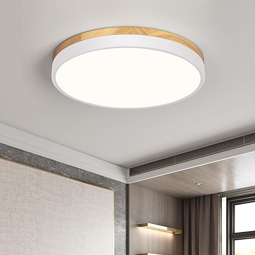 Qamra Deckenlampe, LED Deckenleuchte Holz 30cm, Flach Deckenleuchte Weiß, 24W Rund Lampe für Wohnzimmer Schlafzimmer Küche Flur Esszimmer 4000K