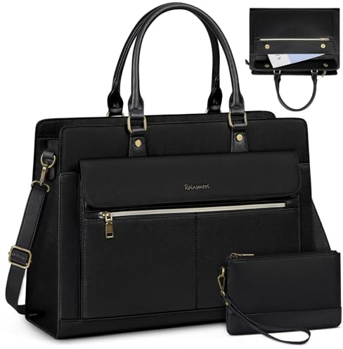 RAINSMORE Bolso Grande de Universidad Mujer Cuero PU Shopper Tote 15.6 Pulgadas Impermeable 2 Piezas Negro