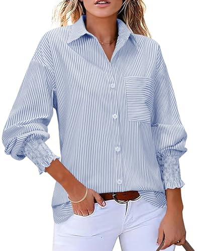 Plus Size Button Down Shirts for Women 2025 Fall Fashion Oversized Blue and White Striped Shirt with Pocket Smocked Tops Button Up Dressy Blouse Office Professional Work Blue and White XL