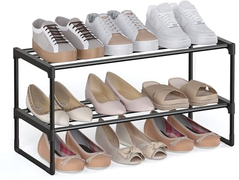 SONGMICS Shoe Rack 2 Tier Shoe Rack Metal Shoe Storage Shoe Organizer Upright or Inverted for 6-9 Pairs of Shoes Stackable Hallway 30 x 68 x 33.8 cm Black LSA202B01