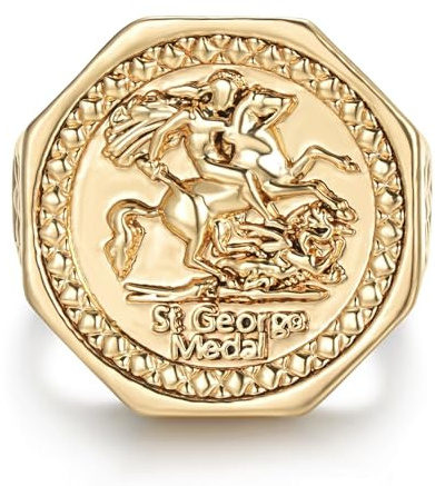 Bling King London Gold Hexagon Dragon Slayer Sovereign Ring for Men, Size T