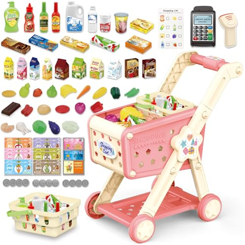RedCrab Kids Shopping Cart,75PCS Toy Shopping Cart Playset with Food Shop Accessories, Adjustable Shopping Cart Arm,Shopping Basket Grocery Store Games for Ages 3 4 5 67 8+ (Red)