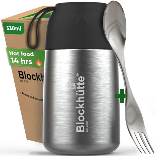 Blockhütte Food Flasks for Hot Food Kids 530ml Stainless Steel | Soup Flask incl Spoon & Fork | Vacuum Insulated Thermal Lunch Box 14h Hot Meals, BPA Free Hot Food Container – Black