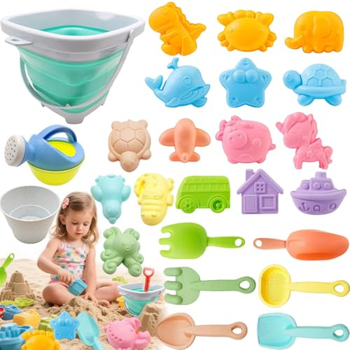 Moerstar 25 Pcs Beach Toys for Kids, Sand Toys Set with Collapsible Bucket and Spade Beach Set Sand Molds Watering Can Sand Pit Toys Toddlers for Boys Girls