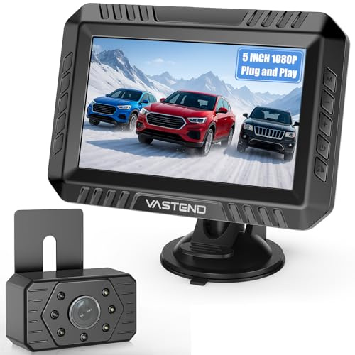 Vastend Cámara Marcha Atrás Inalámbrica 5 Pulgadas, Sistema Aparcamiento Digital 200M 1080P con Monitor, Visión Nocturna Infrarroja, IP67 Impermeable, 12V-36V para Camiones Furgonetas Caravanas(VE-5A)
