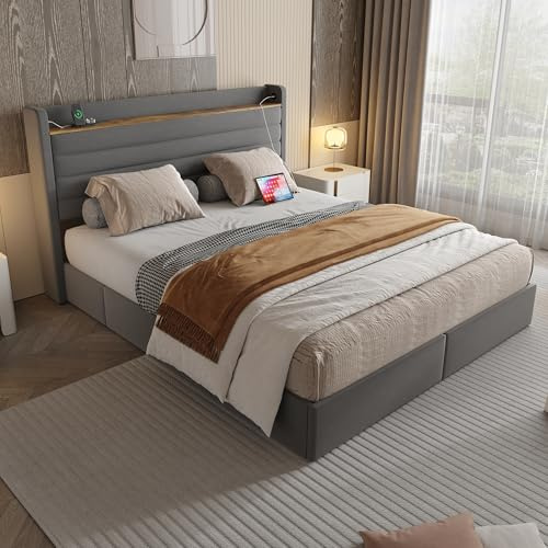 Crlnaup Marco de cama moderno de 160 x 200 cm, con tapizado de terciopelo, cabecero con puerto USB y función de almacenamiento, 4 cajones en la parte inferior del marco de la cama, color gris