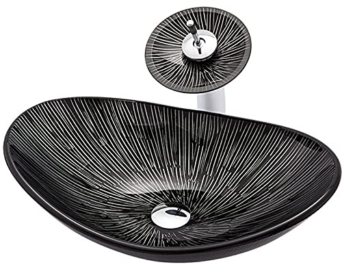 Lavabo artístico para baño, Moderno Lavabo de Vidrio Templado, Lavabo de tocador para baño con instalación sobre encimera y desagüe emergente, A