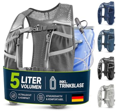 SASMO, gilet da corsa da donna e da uomo, 5 l, ultraleggero, 270 g e traspirante, zaino da corsa da donna, 8 tasche, gilet da corsa da uomo, gilet da corsa (grigio, con bolla per bere, 5 l)