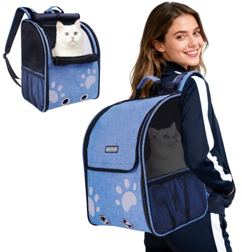 Cat Backpack Carrier, Ventilated Cat Backpack with Reflective Strips, Foldable Cat Carrying Backpack for Kitty Small Dog up to 15lbs (Blue)