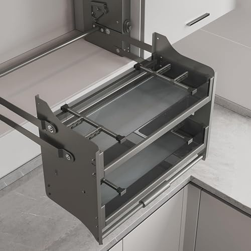 Teleskophylla i aluminium Pull Down Spice 2-vånings Väggutdragbar Hylla for överskåp med justerbara avdelare(W33.8xD10.2)