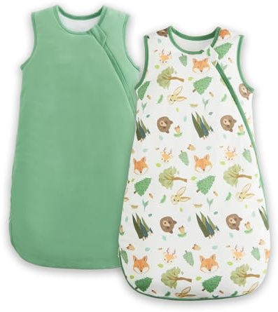 JiAmy 1.5 TOG Baby Sleeping Bag 2 Pack, Double Layer with 50g Quilted Padding, Cotton Sleep Sack Wearable Blanket Fox Green 6-12 Months