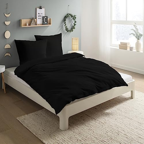 Carpe Sonno Biber Bettwäsche 135x200 cm Baumwolle - 2tlg Bettwäsche Winter - Set aus Deckenbezug mit Reißverschluss + Kissenbezug - Flauschige Winter Bettwäsche Flanell - Schwarz
