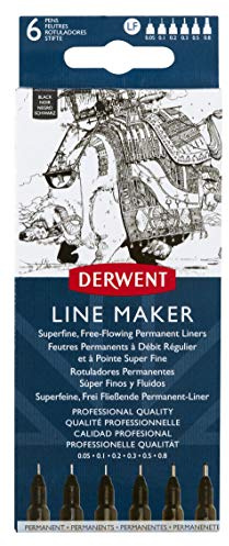 Derwent Black Line Maker Stifte, Set mit 6 Stück, Fineliner, verschiedene Spitzenstärken, schnell trocknende Tinte, zum Skizzieren, Schreiben, Illustrieren, professionelle Qualität, 2305559
