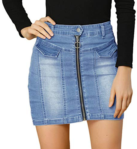Allegra K Faldas de Mezclilla para Mujer Minifalda de Mezclilla de Cintura Alta Ajustada con Cremallera Frontal Azul L