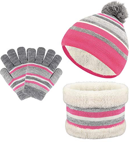 TAGVO 3-i-1 barnmössa set för barn, 3-i-1 mössa, mössa, varm, varm fleece, varm stickad mössa för barn 3–6 år, vintertillbehör