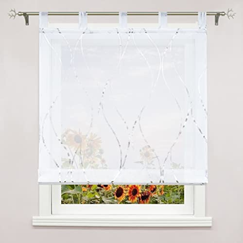 Delien Raffrollo Voile 1 Stück Gardinen mit Wellenmuster »Wogender Fluss« Streifen Transparente Rolls Küche Fenster Schlaufenrollo Modern Raffgardine für Wohnzimmer mit Schlaufen BxH 120x150cm,Silber