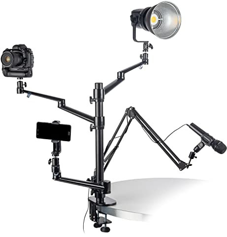 Walimex pro Flexibles Mikrofon Boom Arm Tischstativ Ständer zur Befestigung von Kamera, LED bis 2kg inkl. 360° Kugelkopf für Streaming, Vlogging, Video Calls I stabiles Klemmstativ bis 65mm Tischdicke, schwarz