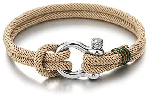 COOLSTEELANDBEYOND Stainless Steel Nautical Shackle Khaki Rope Bracelet for Men Women, D-shape Anchor Shackle Wristband, Beach Jewelry Gift