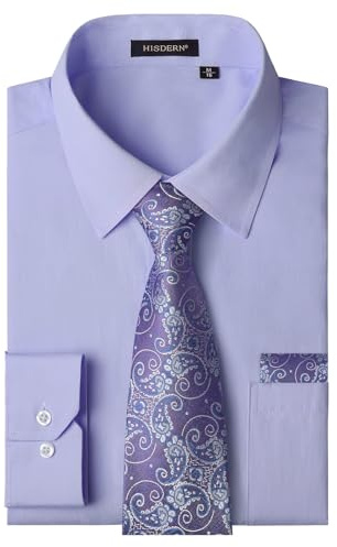 HISDERN Herrskjorta långärmad elegant formell skjorta och slips affärströjor klassiska enfärgade skjortor bröllop casual med ficka vanlig passform, Lila 01-p, M
