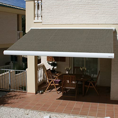 Multiple Awnings - Full Cassette Awning | Retractable Sun Shade with White Casing | Easy Open and Close Manual Hand Crank Lever | Brasilia Slim Collection | 10' W x 8' L - Tweed Avena