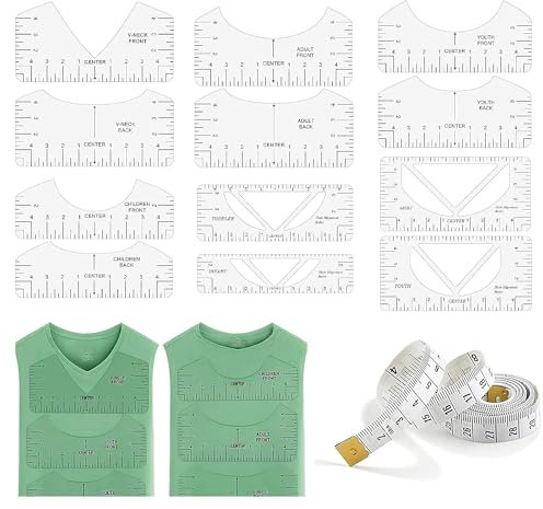 12 Stücke T-Shirt Ausrichtungslineal Schablonen-Lineal T-Shirt Zentrierung Werkzeug DIY T-Shirts Ausrichtlineale PVC Guide Anleitung Lineal zum Nähen Gestalten von V-Ausschnitt und Rundhalsausschnitt