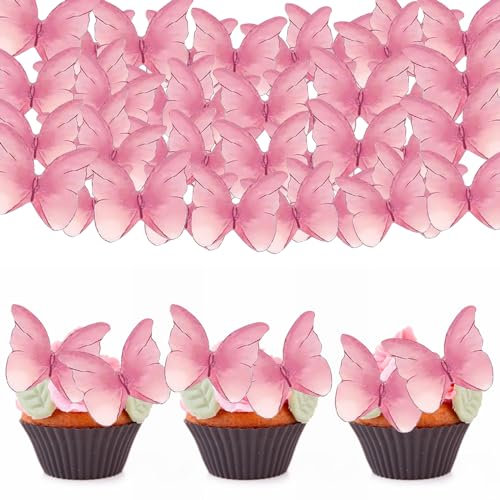 Tortendeko Schmetterling, 48 Stück Essbare Schmetterlinge Deko Torte Kuchen Dekorationen Esspapier Cupcake Topper Muffin Deko für Hochzeit Geburtstag (Rosa)