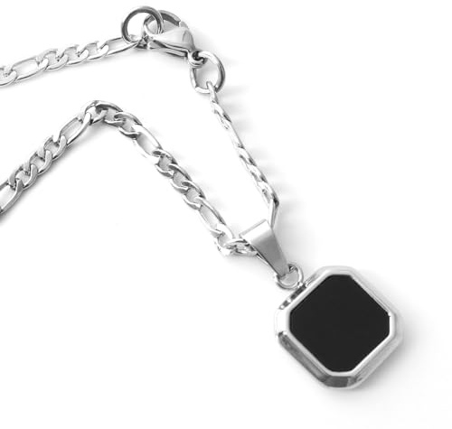 Collana con ciondolo in onice nera, ciondolo in pietra, collana da uomo, catena in acciaio inossidabile, gioielli da uomo, collana in argento da uomo, 50,8 cm, One Size Fits All, Acciaio inossidabile