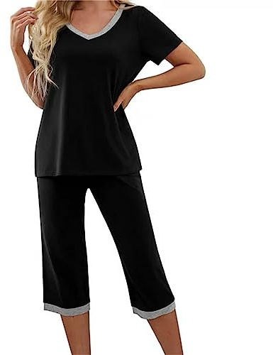 Pyjama Femme Ete Coton Sexy Ensemble De Pyjama Femme Pantalon Pyjama Avec Haut Manche Courte Et Pantalon Capri 3/4 Grande Taille Fluide Sleepwear Imprimé/couleur Unie Pas Cher Vêtement De Nuit