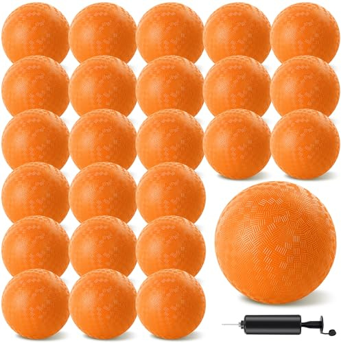HSLCGF 24 Pcs Dodgeballs 5 Inch Playground Ball Orange Kickball Inflatable Rubber Handball Bouncy Dodge Ball with 1 Hand Pump for Outdoors Ball Games Gym Camps Picnic (Orange)