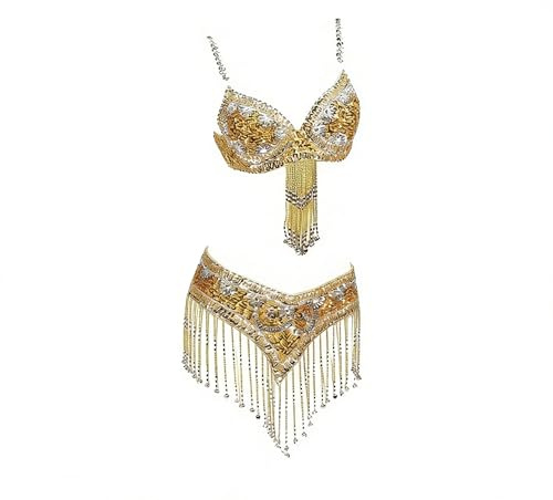 AMENGJ Costume da Danza del Ventre Costume da Ballo in Due Pezzi con Reggiseno e Cintura con Perline e Paillettes in Stile Orientale da Donna, Completo da Spettacolo(Color 3,M)