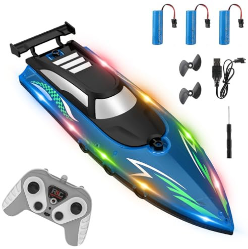 Ferngesteuertes Boot mit LED-Licht, 2,4-GHz Rennboote mit 3 Batterien, Hohegeschwindigkeit RC Wasserdichtes Boot, 15km/H Speedboot, Rennboot Geeignet für Kinder, Erwachsene, Seen, Poolspielzeug (blau)