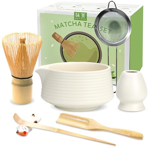 JBER Matcha Besen Set, Matcha Set 7-Teiliges - Bambus Matcha Whisk, Matcha Schale mit Auslauf, Matcha Besen Halter, Sieb, Löffel und Halter, Japanisches Matcha Zubehör für Matcha-Liebhaber, Beige Weiß