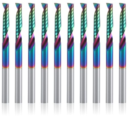 BFVV 10 pcs O Flute CNC Router Bit Set, 1/8-inch Shank Single Flute End Mill, Spiral Up-Cut Solid Carbide Milling Cutters with DLC Coating, Ideal for Aluminum, Plastic, Acrylic, Wood, MDF and PVC