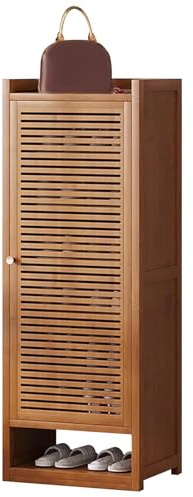 Moderno armario de almacenamiento de zapatos de madera con puertas con persianas, estantes ajustables, entrada independiente, elegante zapatero de pasillo (marrón/negro)